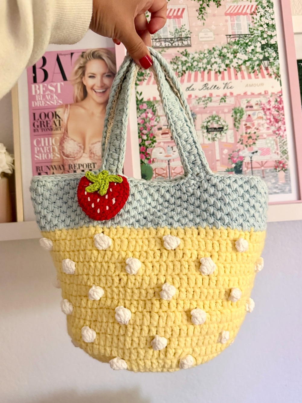 Yellow & Light Blue Strawberry Accent crochet Tote